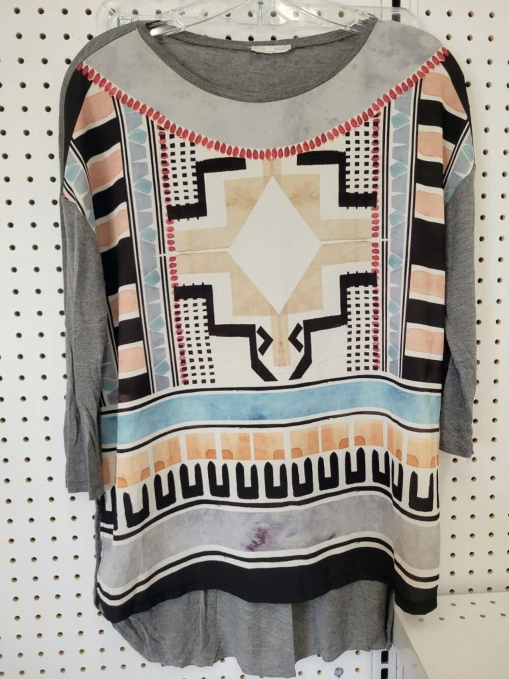 Zara W Collection Womens Tribal Print Tunic Top 3/4 Sleeve Gray & Multicolor Siz